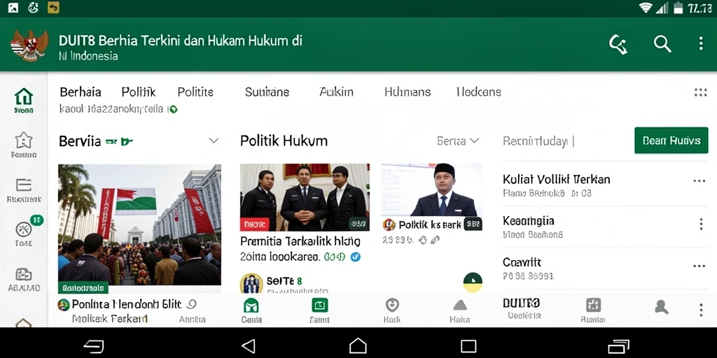 Tampilan antarmuka aplikasi DUIT8 dengan berita politik dan hukum.
