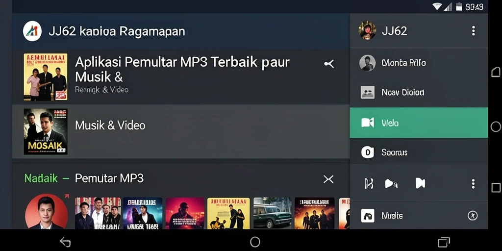 Tampilan antarmuka pengguna JJ62 dengan fitur Pemutar MP3.